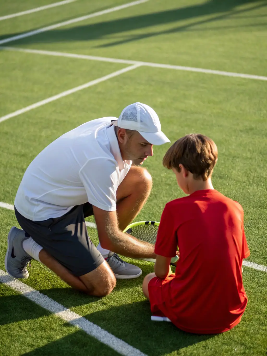 An action shot of a junior tennis player receiving coaching during a CMTC youth training session, emphasizing the club's focus on nurturing young talent.