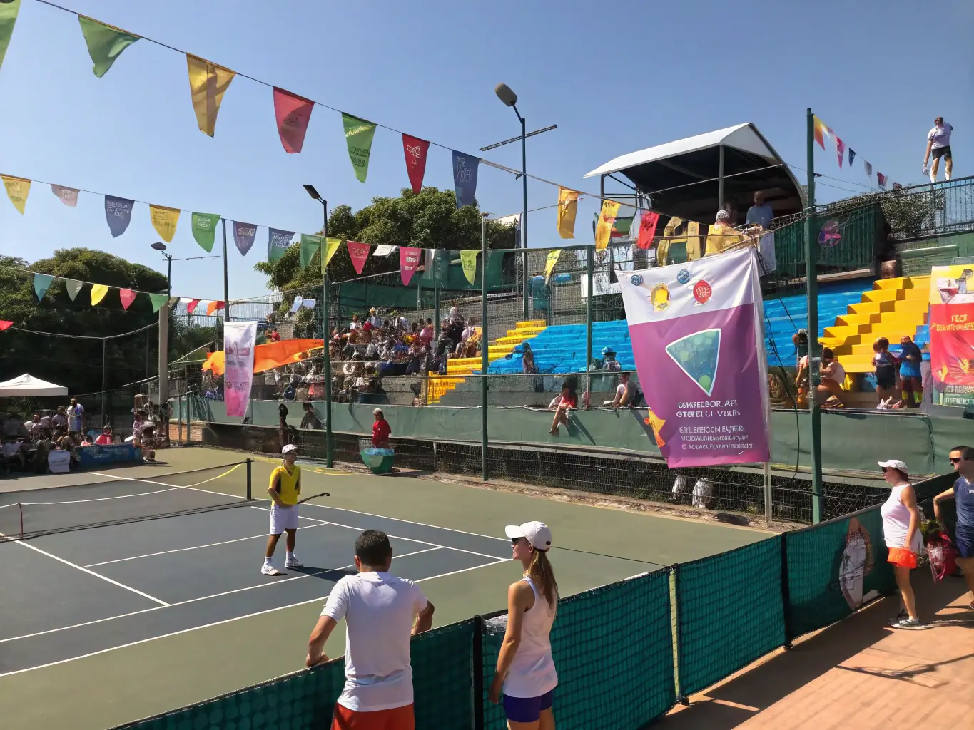 A photograph capturing the lively atmosphere of a CMTC community event, featuring members of all ages socializing and enjoying tennis-related activities.