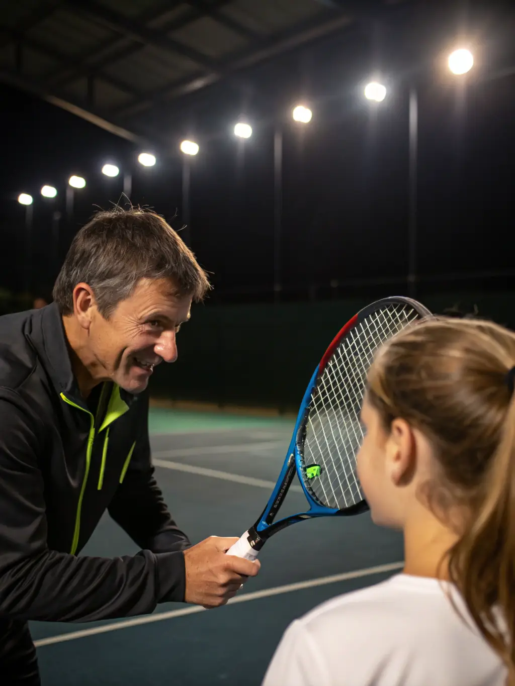 A photo of a professional tennis coach providing personalized instruction to a CMTC member on the court.