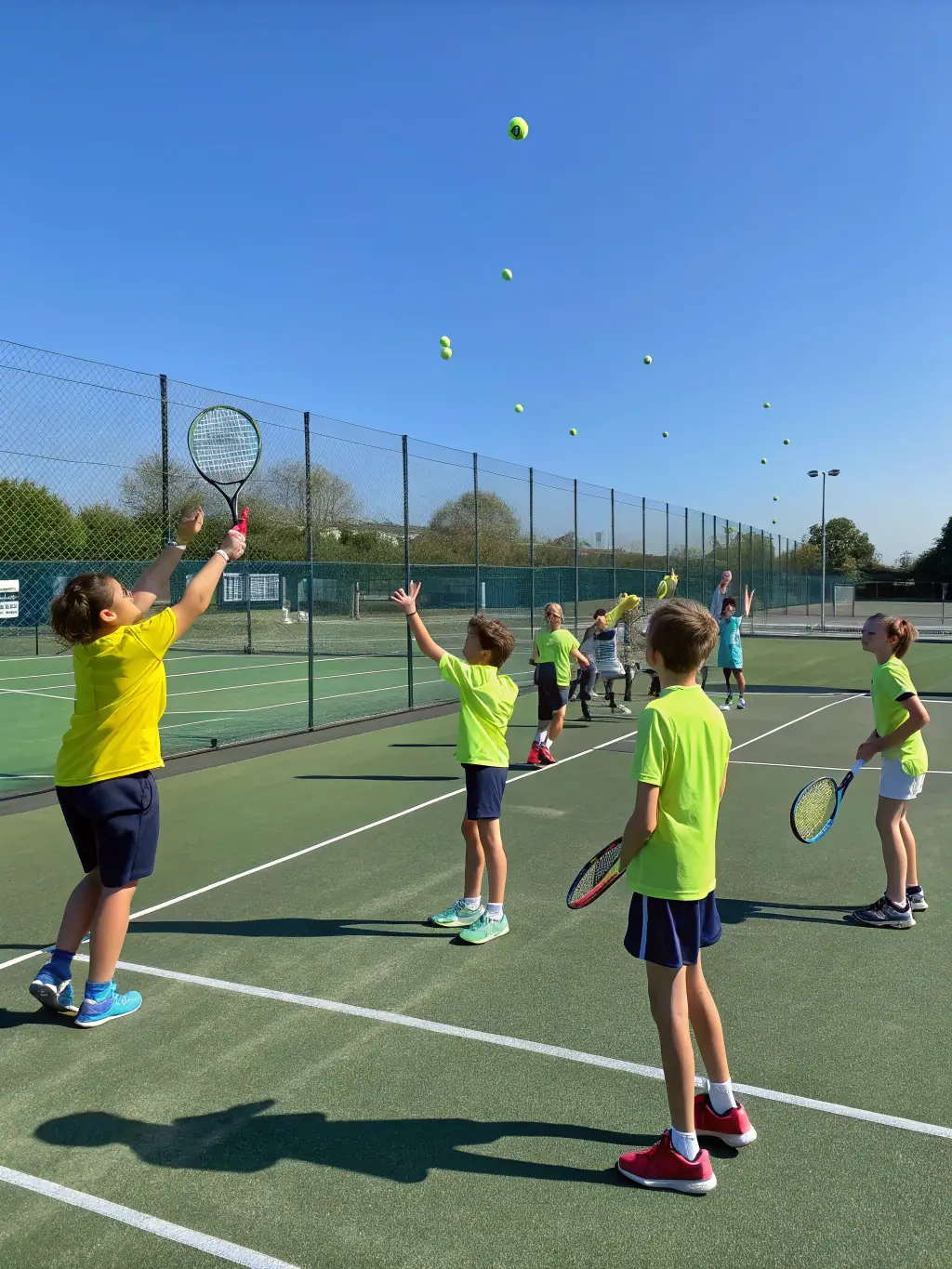 A group of children participating in a junior tennis clinic at CMTC, focusing on fundamental skills with enthusiastic coaches.